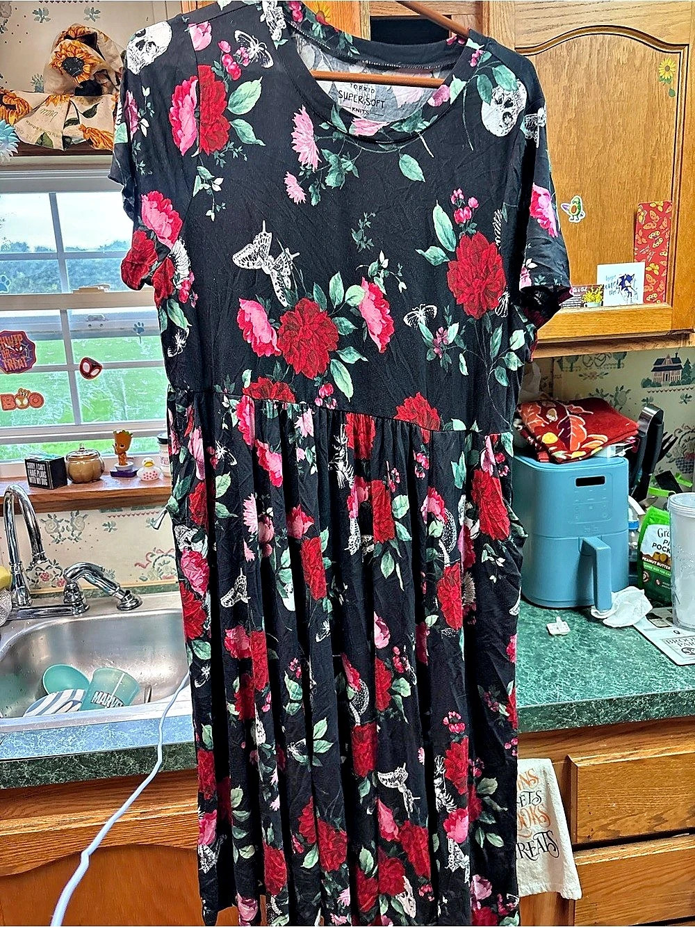 SUPER DRY Floral Maxi Dress in Black & Red